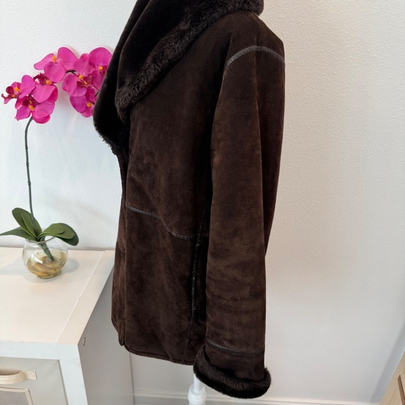 Marvin Richards Faux Suede Chocolate Brown Coat Size M Faux Fur Trim & Lining M - Picture 5 of 16